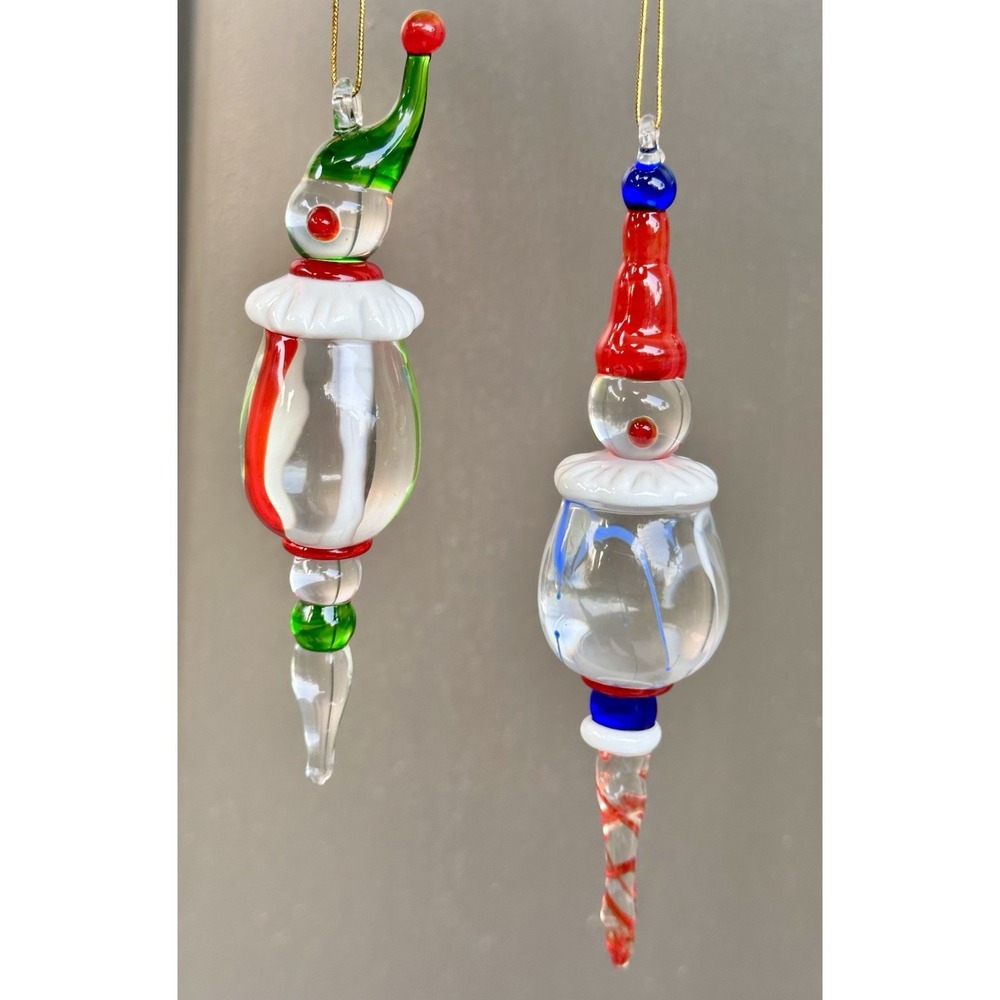 RARE Pair Vintage Hand Blown Glass Clown Jester Christmas Ornaments